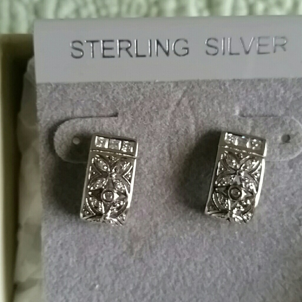 Solid, Sterling Silver Earrings With Diamonds - image 2